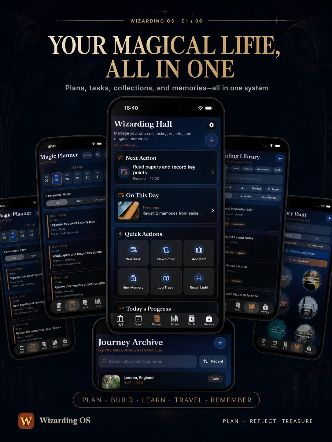 Wizarding OS overview showing the Hall, Planner, Library, Journey Archive, and memory features